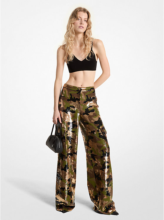 Sequined Camouflage Wide-Leg Cargo Pants Michael Kors