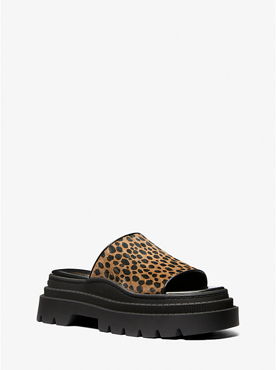 Kendra Cheetah Print Calf Hair Platform Slide Sandal Michael Kors