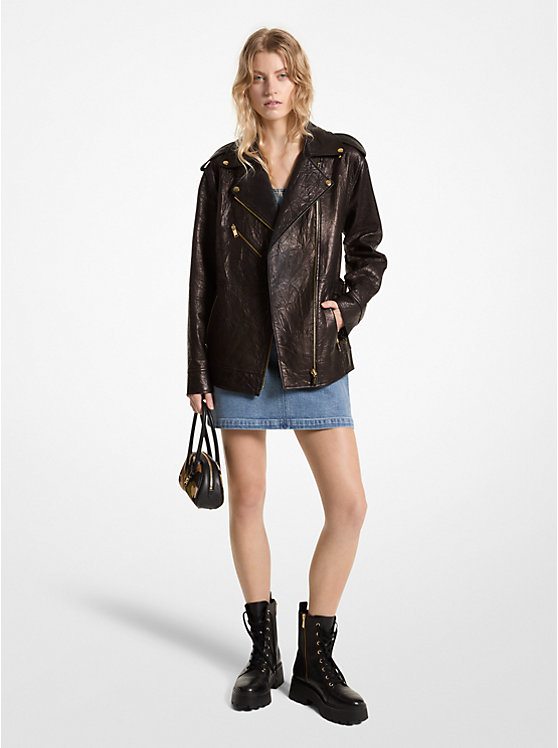 Oversized Crinkled Leather Moto Jacket Michael Kors