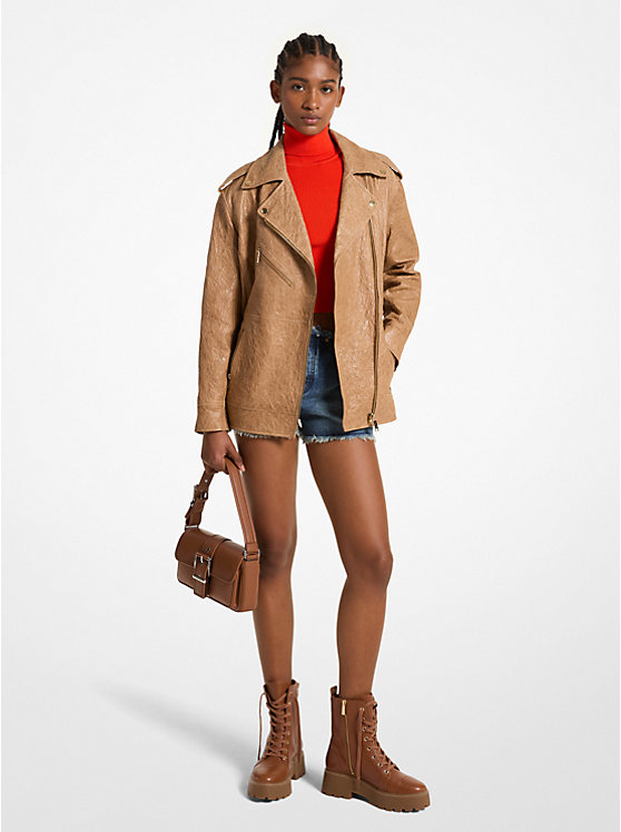 Oversized Crinkled Leather Moto Jacket Michael Kors