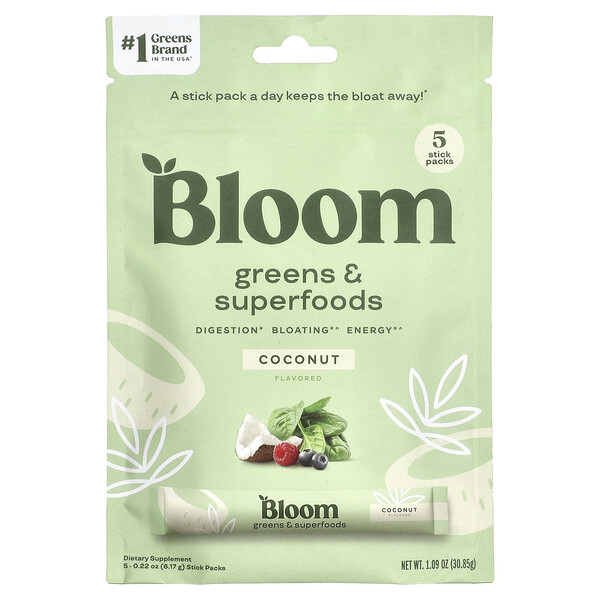 Greens & Superfoods, Coconut, 5 Stick Packs, 0.19 oz (5.44 g) Each Bloom