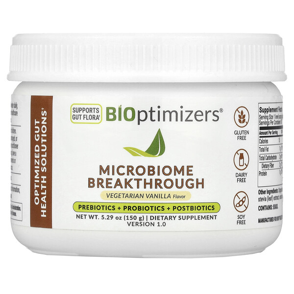 Microbiome Breakthrough, Prebiotics + Probiotics + Postbiotics, Vegetarian Vanilla, 5.29 oz (150 g) BIOptimizers