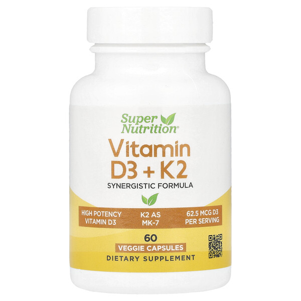 Vitamin D3 + K2, 60 Veggie Capsules Super Nutrition