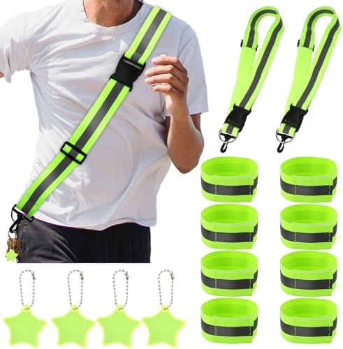 2pcs Reflective Belt Bands and 8pcs Reflective Wrist Straps Armband, 4pcs Reflective Pendants Elastic Adjustable Sash at Night Arm Band Safety Reflectors Gear for Walking, Running, Cycling Peutier