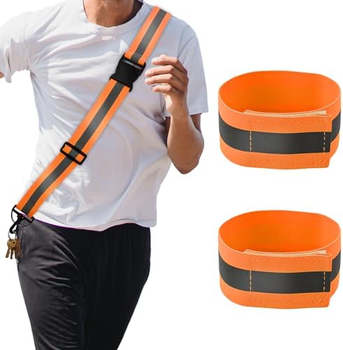 3pcs Reflective Running Gear, High Visibility Reflective Sash for Walking at Night Reflective Shoulder Strap & Reflective Armband Safety Gear for Walking Running Cycling Hiking Biking Peutier