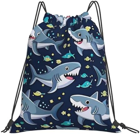 Gym Bag for Men & Women With Cute Cartoon Shark Pattern, Waterproof String Bag for Gym Sports And Traveling, White1 AUTCKNGF