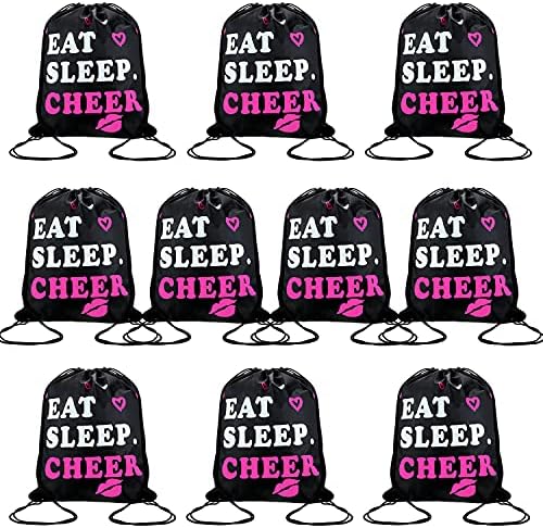 Cheerleading Drawstring Gym Bag Cheer Black Drawstring Bag Eat Sleep Cheer Drawstring Bag for Youth Sports, 13.4 x 16.9 Inch (20 Pieces) Shappy