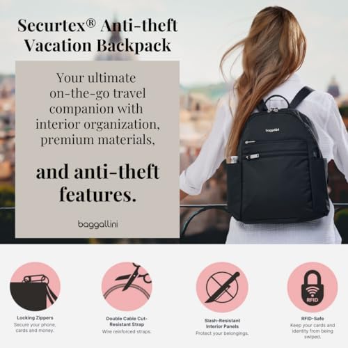 Securtex® Anti-theft Vacation Travel Backpack 10x13" Slash-Resistant Nylon Daypack w/RFID, Black Baggallini