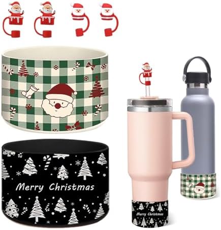 GENLEAS for Christmas Stanley Cup，2 Boot Sleeve and 4 Santa Straw Cover Cap for Stanley Cup 20-40oz & Hydro Flask Water Bottle 12-29 oz and More Bottles, Stanley Accessories G GENLEAS