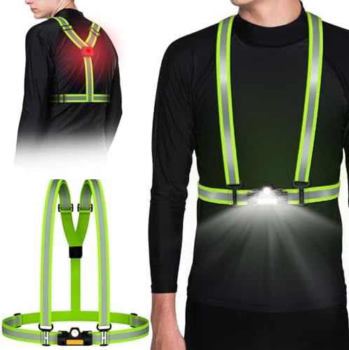 Running Lights for Runners, Reflective Vest with LED Chest Light＆Back Warning Light, High Visibility Running Gear with USB Charging for Walking Running Cycling, Adjustable for Men Women Kids Omkhe