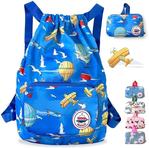 Packable Waterproof Drawstring Backpack for Kids – Foldable Lightweight. Travel Gym Beach Swim Bag for Boys Girls (Airplane) Minkus Backpacks