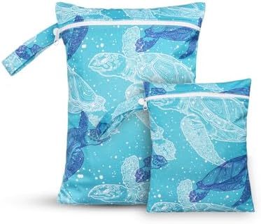 2 Pcs Wet Bags Waterproof Reusable Zippered Pocket Cloth Diaper Wet Dry Bags for Travel Beach Pool Swim, Baby Diapers,Gym Yoga Wet Clothes,Swimsuit,water wipes(Blue turtle) CoolaPeach