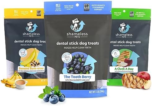 Shameless Pets Dental Treats for Dogs, Variety (3-Pack) - Healthy Dental Sticks for Teeth Cleaning & Fresh Breath - Dog Bones Dental Chews Free from Grain, Corn & Soy Shameless Pets