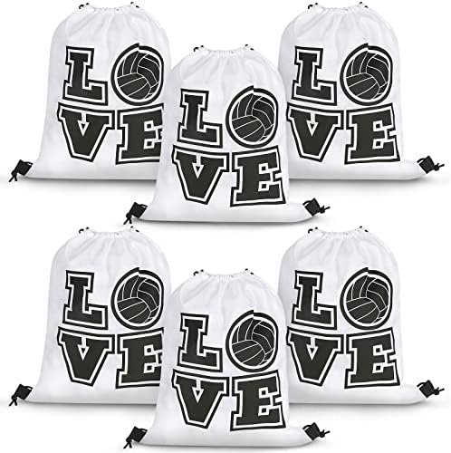 Shappy 6 Pcs 17.2 Inch Volleyball Bags Gifts Volleyball Drawstring Backpack Sport Party Favors Love Words Sack Bag for Teen Girls Men Women Travel Gym Class Unisex Bag (White) Shappy