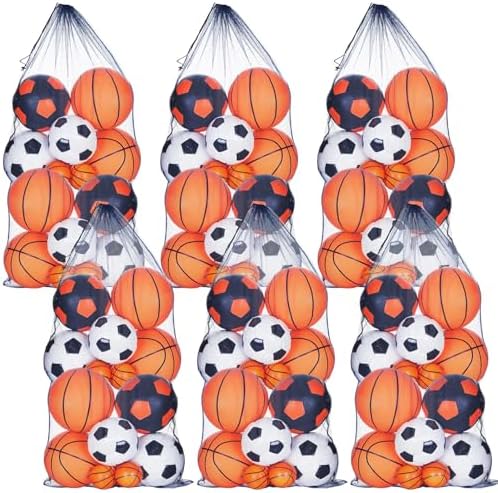 6 Pcs Large Mesh Bag 24 x 48 inch Sports Ball Bag Mesh Drawstring Bag Sports Soccer Ball Bag Mesh Storage Bag Sports Equipment Bag for Balls Beach(Black) Wesnoy