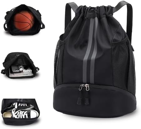 Sports Drawstring Backpack, Waterproof Swim Gym String Bag with Shoe Compartment Anti-thief Zipper Pocket for Men Women,Soccer Basketball Bag for Travel or Fitness (Black) Rudmox