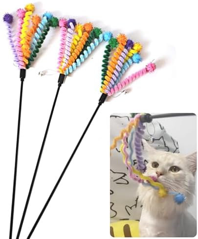 IUHKBH Cat Wands, 3 PCS Cute Cat Teaser Toy with Colorful Spring and Soft Ball Interactive Cat Toys with Bell for Cat and Kitten IUHKBH