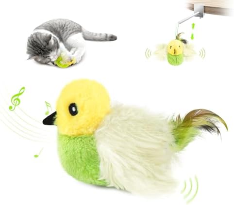 Migipaws Cat Toys,Interactive Lifelike Amakihi Flying Flapping Bird with Catnip, Feathers Hanging by Elastic String, Automatic Chirping Kitten Toys for Indoor Cats Self Play, Rechargeable(Green) Migipaws