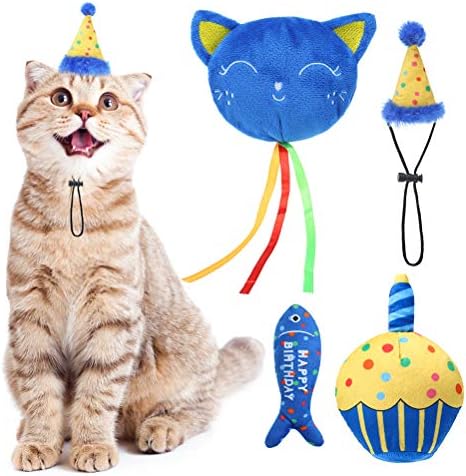 BINGPET Cat Birthday Catnip Toys for Indoor Cats,Cat Birthday Hat and Cat Birthday Cake Interactive Plush Kitten Chew Toys,Cute Cake, Fish,Balloon Toys with Crinkle Paper and Catnip Inside Cat Gifts Bingpet