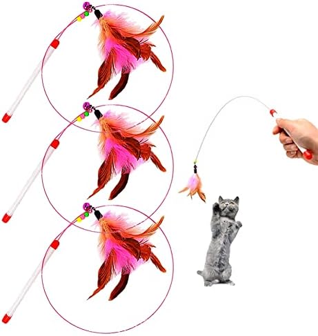 MAIYU Cat Feather Wand Toy - 3 Pack Steel Wire Feather Interactive Cat Stick Training - Beads Bells Kitten Wand Toys Pet Teaser Maiyu