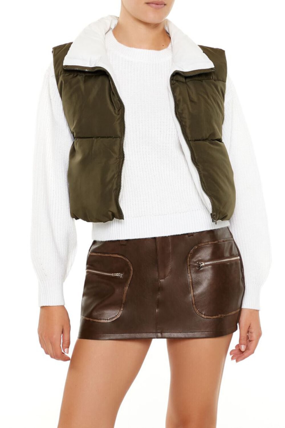 Женский Вязаный Жилет FOREVER21 Quilted Cropped Zip-Up Vest FOREVER21