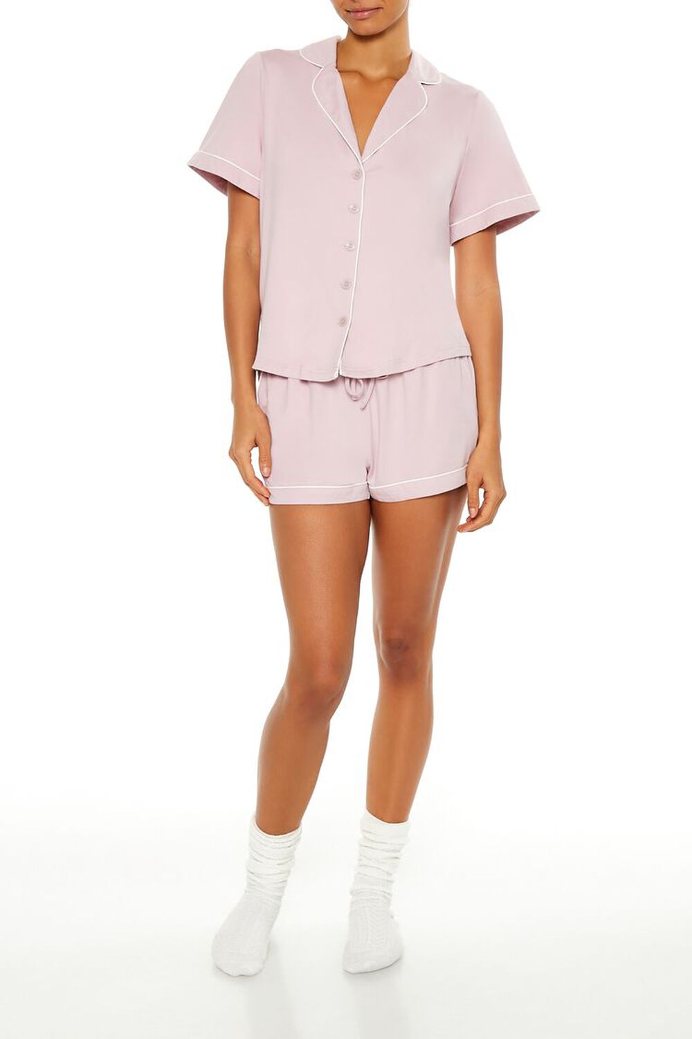 Pipe-Trim Shirt & Shorts Pajama Set FOREVER21