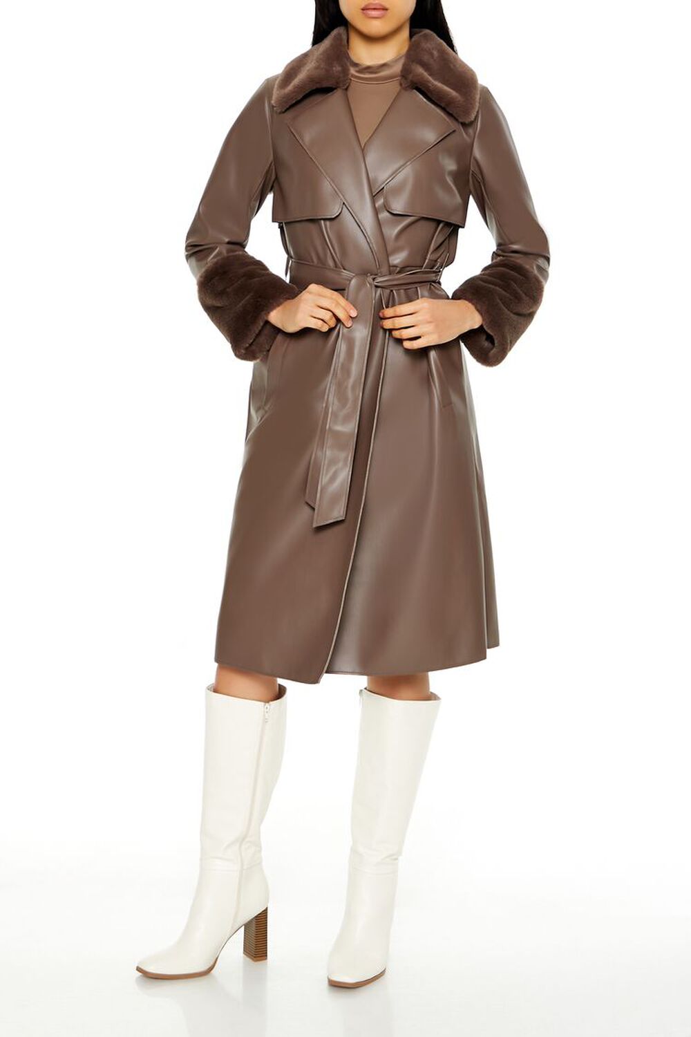 Faux Fur-Trim Trench Coat FOREVER21