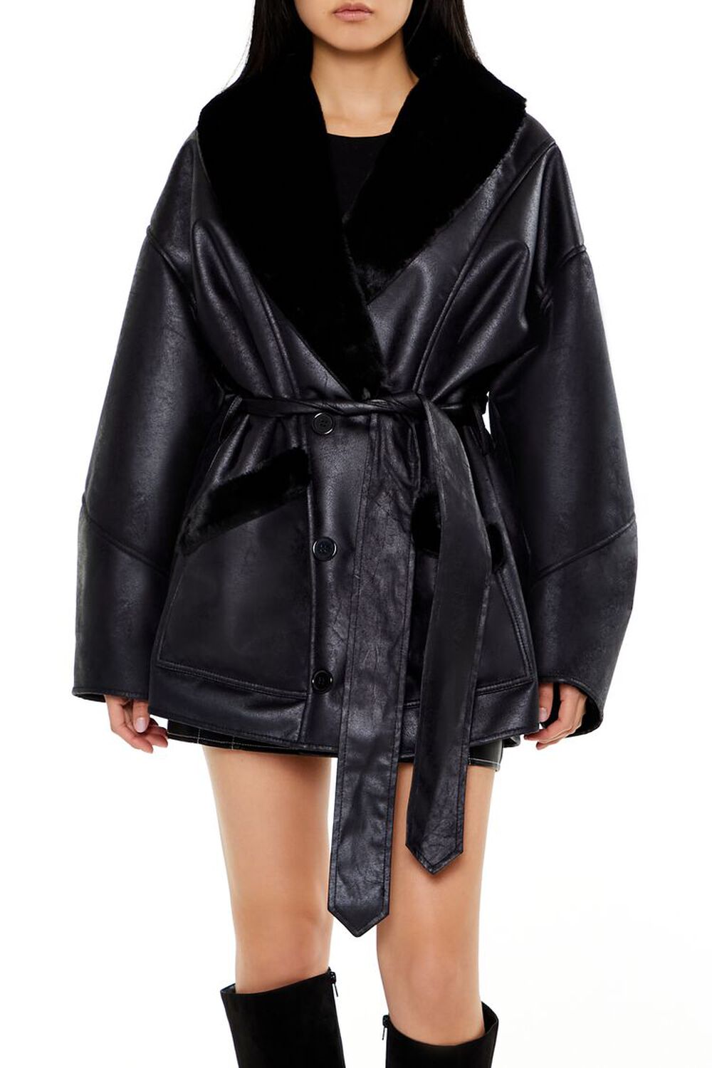 Faux Leather & Fur Trench Coat FOREVER21