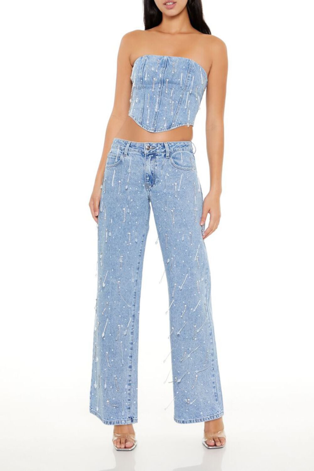 Женские Прямые Джинсы FOREVER21 Beaded Rhinestone Mid-Rise Jeans FOREVER21