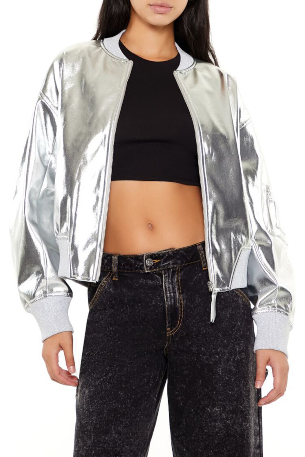 Женский Бомбер FOREVER21 Metallic Zip-Up FOREVER21