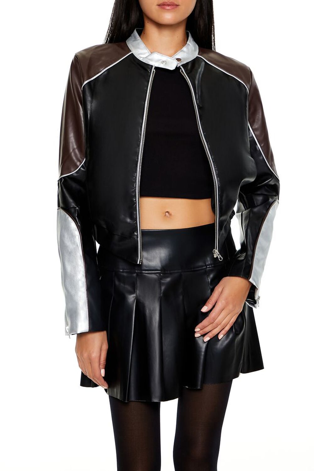 Женская Кожаная Куртка и Косуха FOREVER21 Metallic Colorblock Moto Jacket FOREVER21