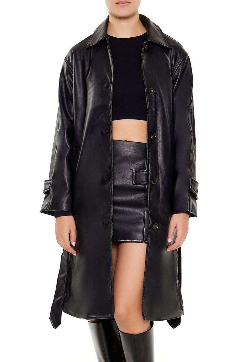 Faux Leather Tie-Waist Trench Coat FOREVER21