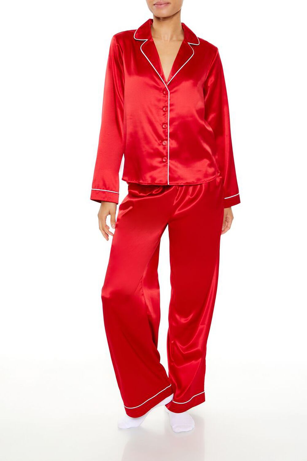 Piped-Trim Shirt & Pants Pajama Set FOREVER21