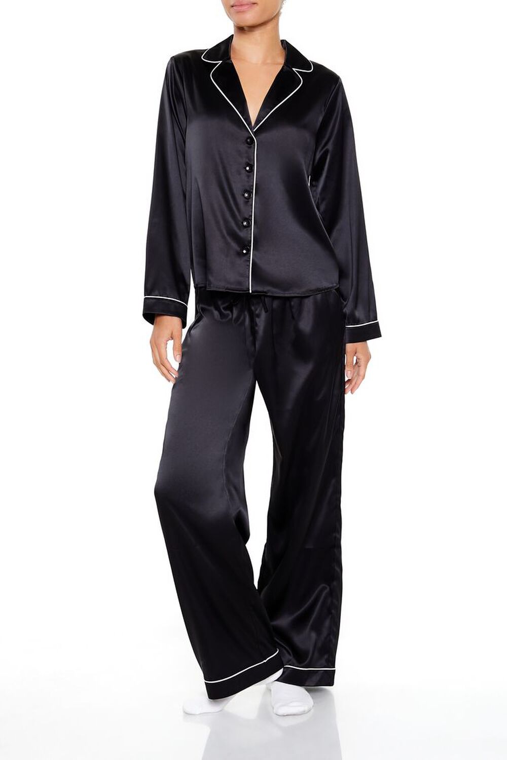 Piped-Trim Shirt & Pants Pajama Set FOREVER21