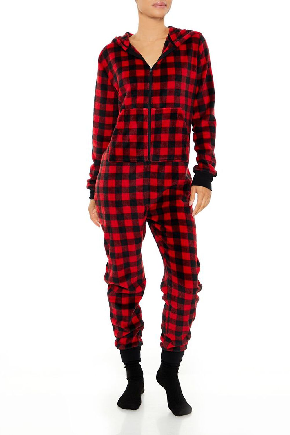 Fleece Plaid Pajama Jumpsuit FOREVER21