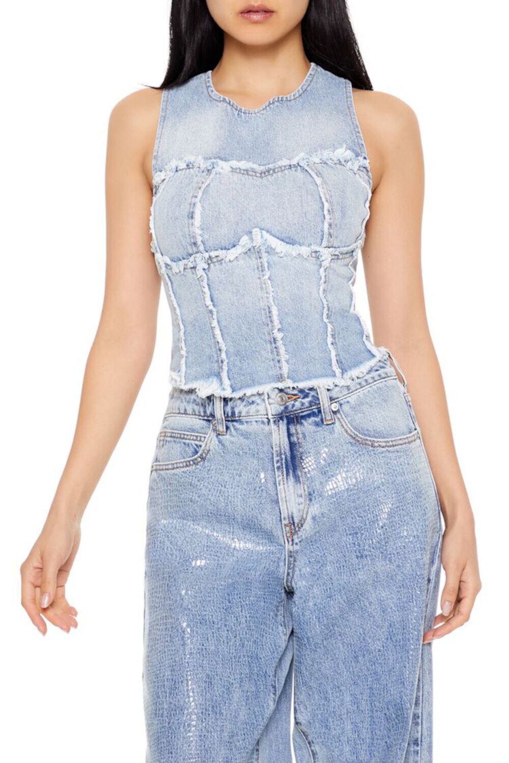 Женская Майка FOREVER21 Frayed Denim Cropped Tank Top FOREVER21