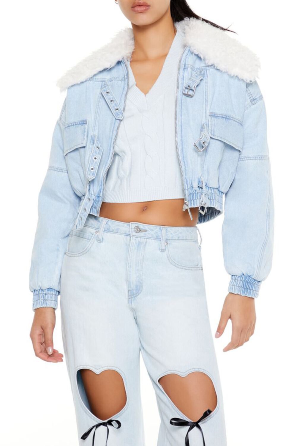 Женский Бомбер FOREVER21 Faux Shearling Denim FOREVER21