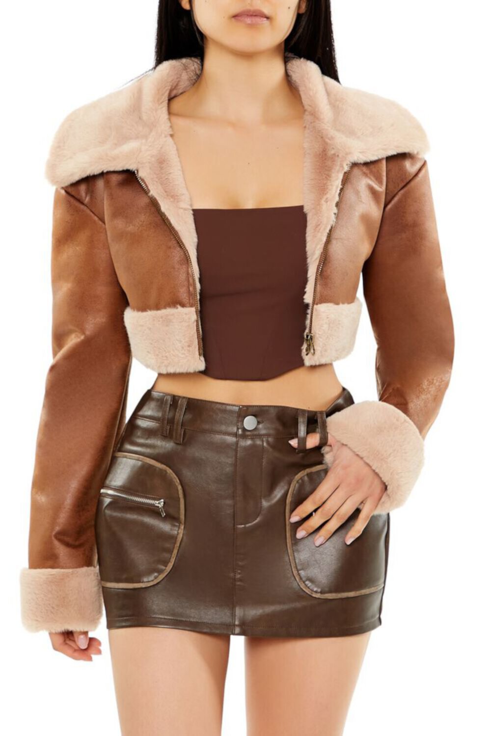 Женская Кожаная куртка и косуха FOREVER21 Faux Fur-Trim Cropped Moto Jacket FOREVER21