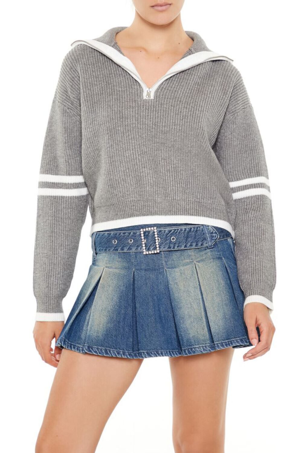 Женский Пуловер FOREVER21 Varsity-Striped Half-Zip FOREVER21