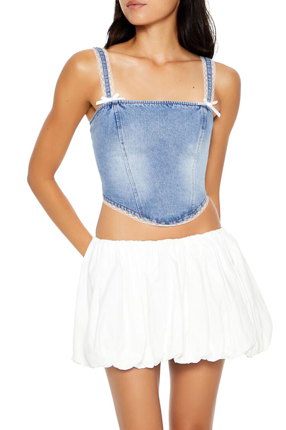 Lace-Trim Denim Bustier Cami FOREVER21