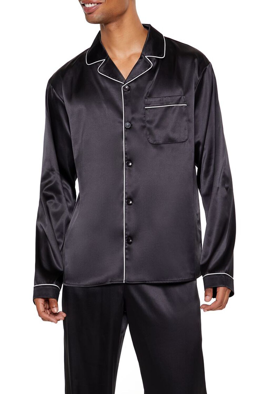 Piped-Trim Satin Pajama Shirt FOREVER21