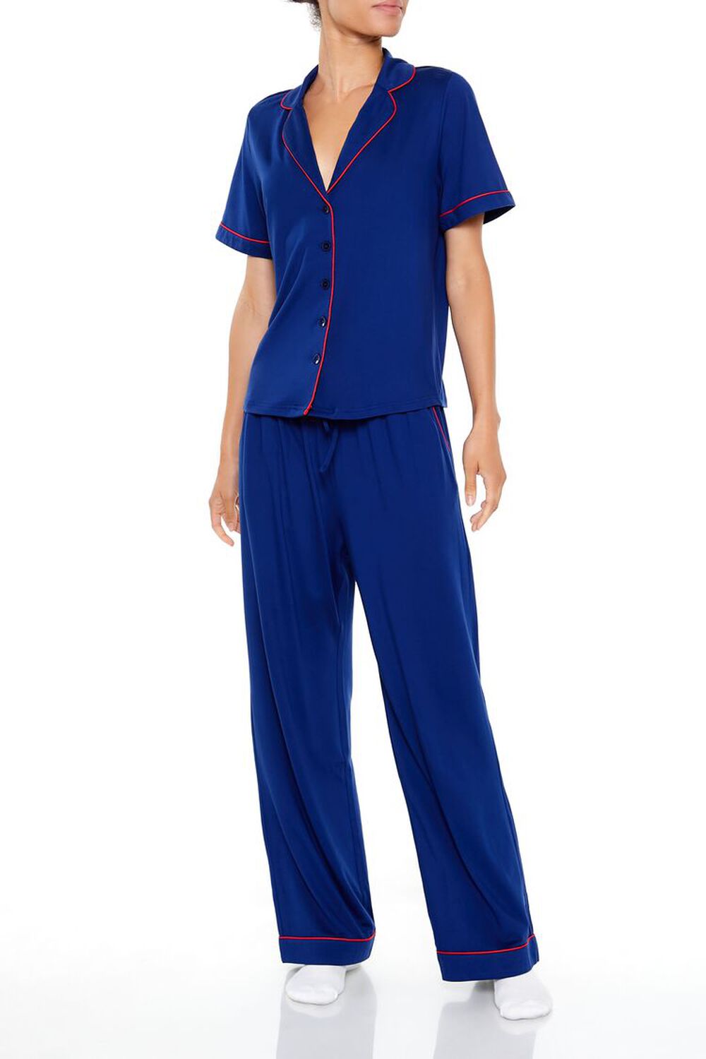 Piped-Trim Shirt & Pants Pajama Set FOREVER21