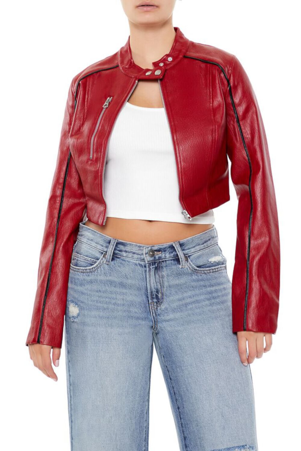 Женская Кожаная куртка и косуха FOREVER21 Two-Tone Cropped Moto Jacket FOREVER21