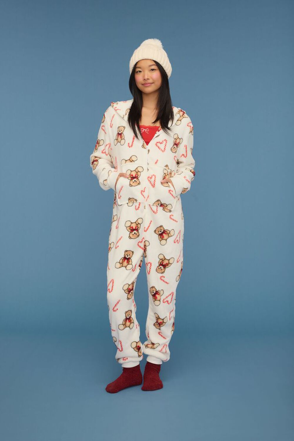 Hooded Teddy Bear Pajama Jumpsuit FOREVER21