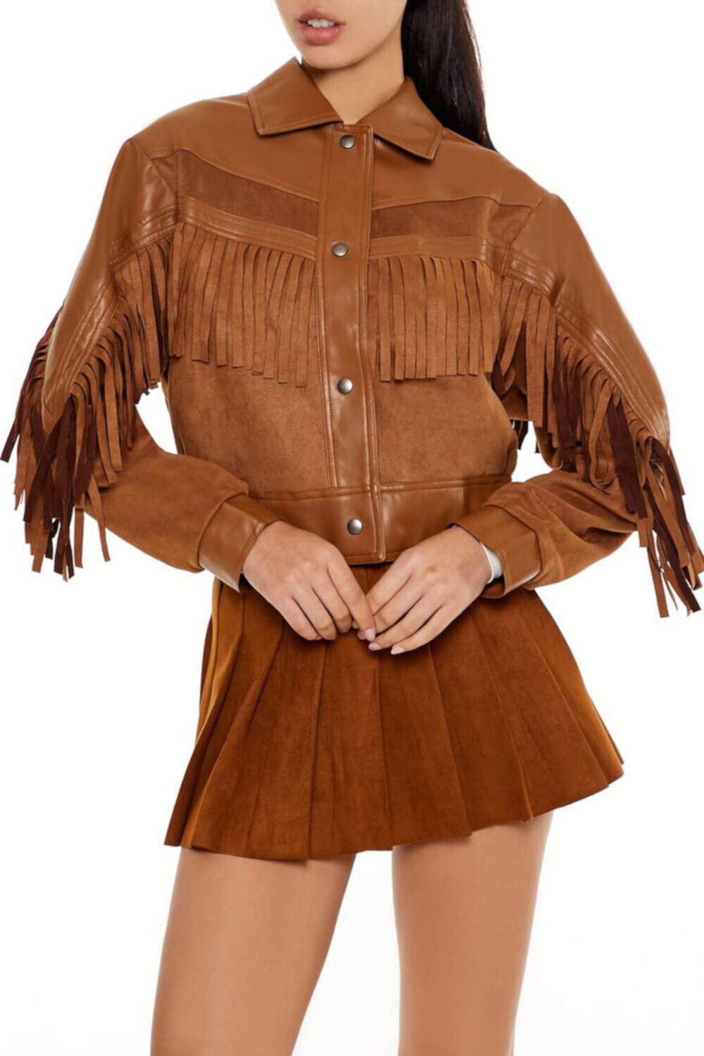 Женская Кожаная куртка и косуха FOREVER21 Fringe Faux Suede & Leather Shacket FOREVER21