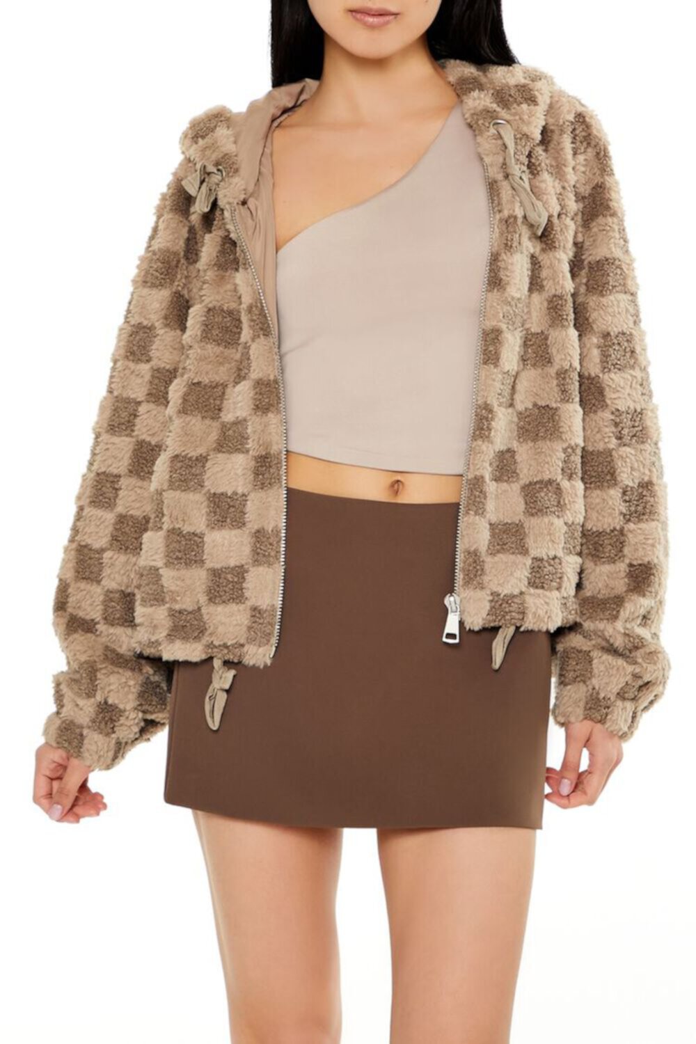 Checkered Faux Shearling Zip-Up Hoodie FOREVER21