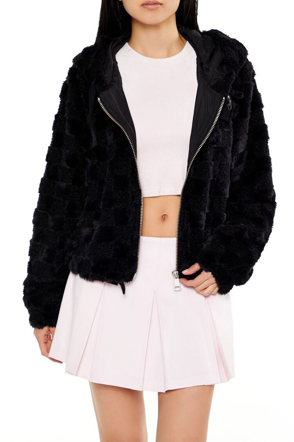 Checkered Faux Shearling Zip-Up Hoodie FOREVER21