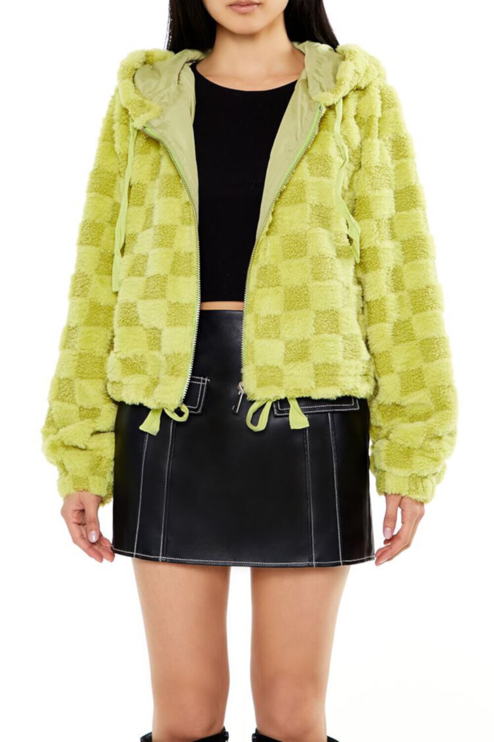 Checkered Faux Shearling Zip-Up Hoodie FOREVER21