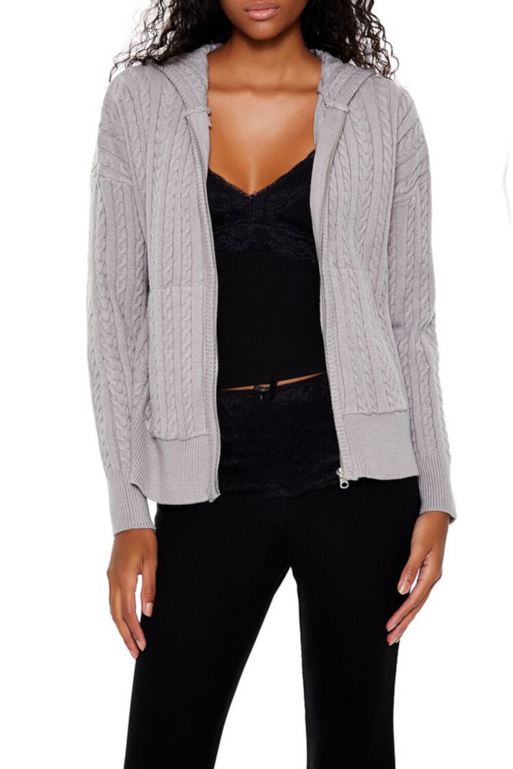 Cable Knit Zip-Up Hoodie FOREVER21