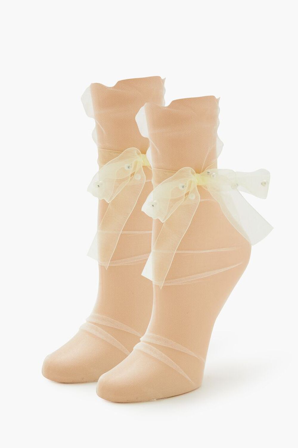 Faux Pearl Bow Mesh Crew Socks FOREVER21